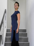 caraucci high neck cap sleeve navy blue double slit tunic #color_navy