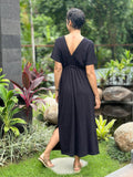 caraucci v-neck loose fit short sleeve black cotton dress with drawstring waist #color_black