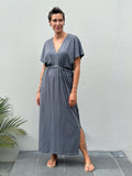 caraucci cotton v-neck loose fit short sleeve grey dress with drawstring waist #color_carbon
