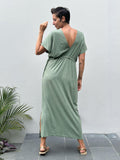 caraucci cotton v-neck loose fit short sleeve sage green dress with drawstring waist #color_matcha