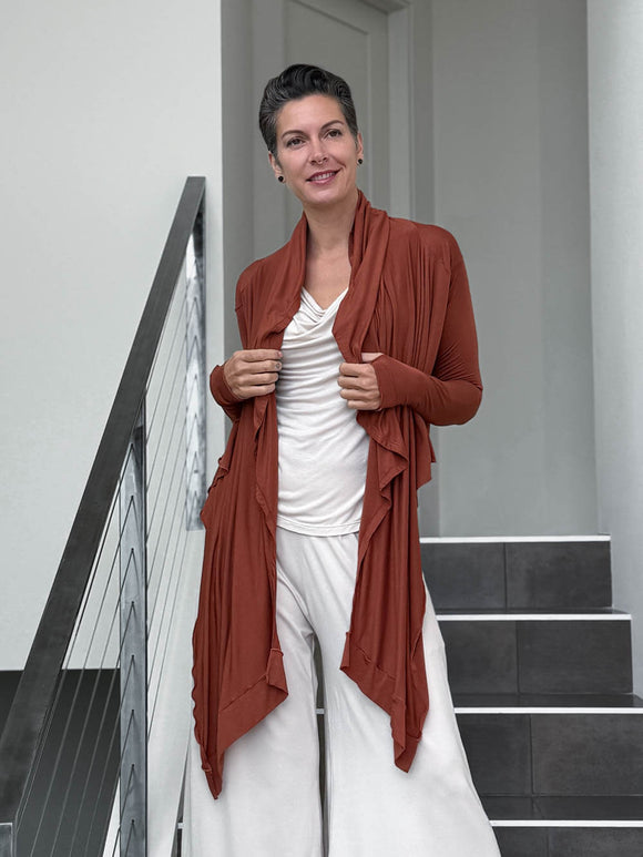 women's plant-based rayon jersey versatile rust long sleeve convertible wrap jacket with thumbholes that can be worn 2 ways #color_copper