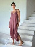 caraucci dusty rose cotton one-piece wide leg jumper with adjustable ruching #color_mangosteen