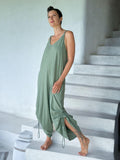 caraucci sage green cotton one-piece wide leg jumper with adjustable ruching #color_matcha