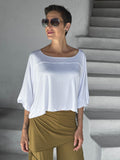 carauccI women's natural rayon jersey loose fit white wide neck top  #color_white
