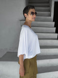 carauccI women's natural rayon jersey loose fit white wide neck top  #color_white