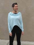 women's natural lightweight rayon jersey cowl neck sky blue loose fit top with thumbholes #color_canal-blue
