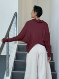 women's natural lightweight rayon jersey cowl neck loose fit top with thumbholes #color_wine