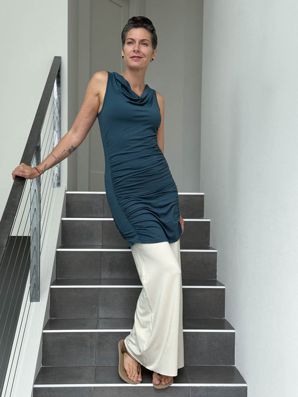 caraucci women's plant-based rayon jersey teal blue tunic with ruched sides #color_teal