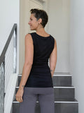 women's plant based rayon jersey black top with ruching on sides and slight cowl neck #color_black