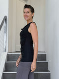 women's plant based rayon jersey black top with ruching on sides and slight cowl neck #color_black