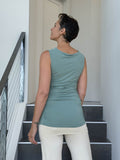 women's plant based rayon jersey sage green top with ruching on sides and slight cowl neck #color_moss