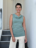 women's plant based rayon jersey sage green top with ruching on sides and slight cowl neck #color_moss