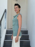 women's plant based rayon jersey sage green top with ruching on sides and slight cowl neck #color_moss