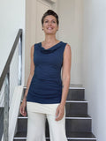 women's plant based rayon jersey navy blue top with ruching on sides and slight cowl neck #color_navy