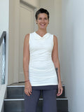 women's plant based rayon jersey off white top with ruching on sides and slight cowl neck #color_off-white
