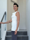 women's plant based rayon jersey off white top with ruching on sides and slight cowl neck #color_off-white