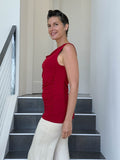 women's plant based rayon jersey red top with ruching on sides and slight cowl neck #color_red