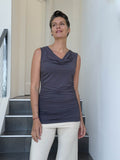 women's plant based rayon jersey steel gray top with ruching on sides and slight cowl neck #color_steel