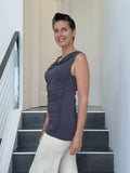 women's plant based rayon jersey steel gray top with ruching on sides and slight cowl neck #color_steel