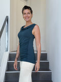 women's plant based rayon jersey teal blue top with ruching on sides and slight cowl neck #color_teal