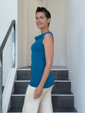 women's plant based rayon jersey turquoise top with ruching on sides and slight cowl neck #color_cosmo