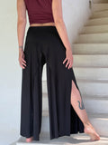women's natural stretch rayon jersey wide leg side slit elastic waistband pants #color_black