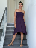 caraucci women's stretch jersey purple convertible high or low waisted flared midi dress #color_plum