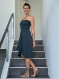women's plant based rayon jersey stretchy teal blue midi skirt worn as a dress #color_teal