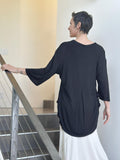 women's lightweight plant-based rayon jersey v-neck loose fit 3/4 sleeve black kurta style tunic #color_black