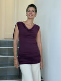 women's plant-based stretchy rayon jersey drape front tunic with adjustable side ruching and lace up back #color_jam