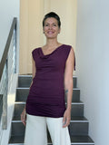 women's plant-based stretchy rayon jersey drape front tunic with adjustable side ruching and lace up back #color_jam