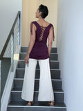 women's plant-based stretchy rayon jersey drape front tunic with adjustable side ruching and lace up back #color_jam