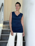 women's plant-based stretchy rayon jersey navy blue drape front tunic with adjustable side ruching and lace up back #color_navy