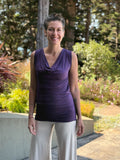 women's purple drape front tunic with adjustable side ruching and lace up back #color_plum