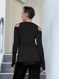 women's plant based stretchy rayon jersey black peekaboo long sleeve top with thumbholes #color_black