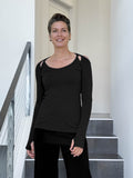 women's plant based stretchy rayon jersey black peekaboo long sleeve top with thumbholes #color_black