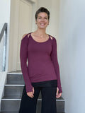 women's plant based stretchy rayon jersey purple peekaboo long sleeve top with thumbholes #color_jam