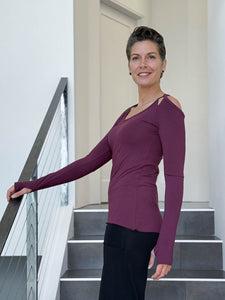 women's plant based stretchy rayon jersey purple peekaboo long sleeve top with thumbholes #color_jam