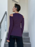 women's plant based stretchy rayon jersey purple peekaboo long sleeve top with thumbholes #color_plum