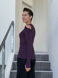 women's plant based stretchy rayon jersey purple peekaboo long sleeve top with thumbholes #color_plum