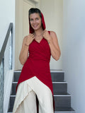 women's stretchy rayon jersey adjustable hooded red ninja wrap vest or top #color_red
