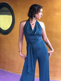 women's natural rayon jersey stretchy teal halter one-piece jumpsuit #color_teal