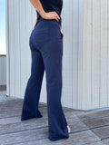 women's bamboo spandex full length navy blue pants with two front and back pockets #color_navy