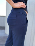 women's bamboo spandex full length navy blue pants with two front and back pockets #color_navy