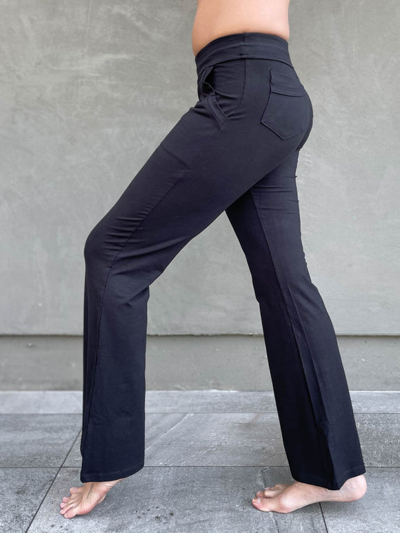 women's bamboo spandex full length black pants with two front and back pockets #color_black