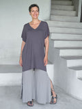 women's stone grey slit flow pants loose steel v-neck tunic #color_stone
