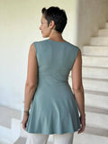 caraucci v-neck sage green twist front sleeveless tunic #color_moss