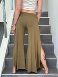 caraucci stretch jersey green brass wide-leg side slit full-length flow pants #color_brass