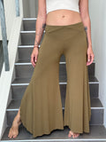 caraucci stretch jersey green brass wide-leg side slit full-length flow pants #color_brass