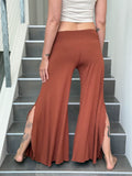 caraucci stretch jersey burnt orange wide-leg side slit full-length flow pants #color_copper